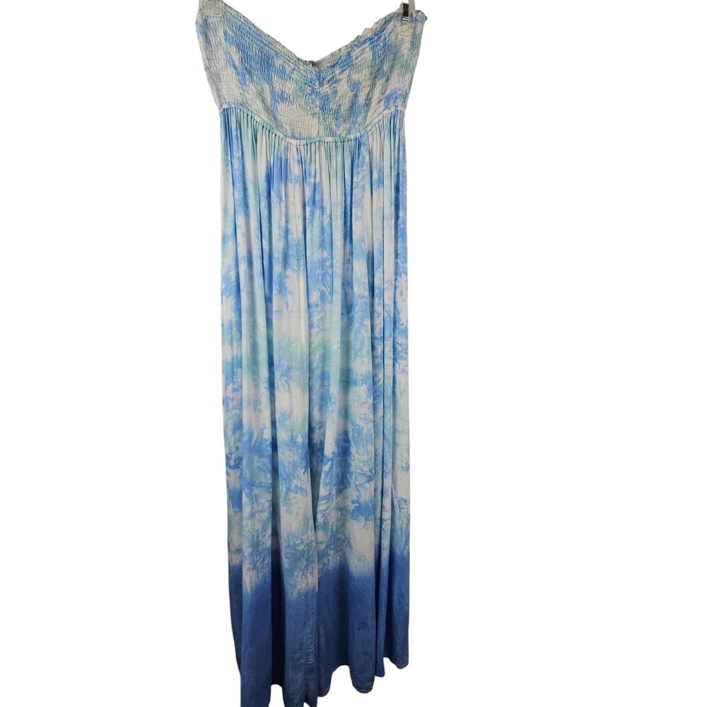 Tiare Hawaii Maxi Dress One Size Blue Tie Dye Strapless Smocked Boho Stretch - Picture 3 of 10